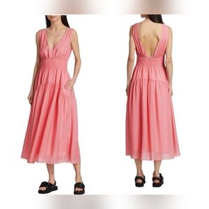 Vince Smocked Midi Dress Rosetta Pink Sleeveless V Neck Pockets XS